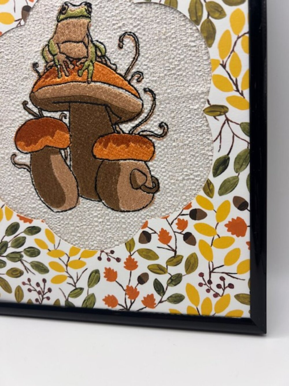 Homemade Frog On Mushroom 8X10 Framed Embroidery Art - Picture 5 of 6